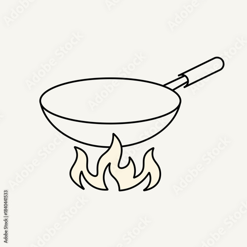 Wok Pan with Fire Line Art – Vector Illustration