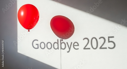 Two red balloons floating near goodbye 2025 text on wall