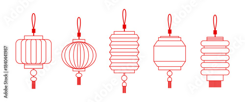 Asian lantern outline illustration set featuring traditional hanging festival lamps Chinese New Year decoration elements clean line art silhouettes for celebration design