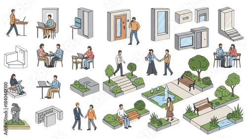 Isometric Illustrations of People, Architecture, and Urban Park Elements