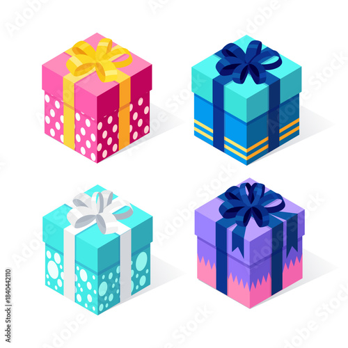 set of colorful gift boxes with bows