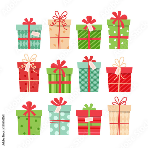 christmas presents set different boxes with ribbons