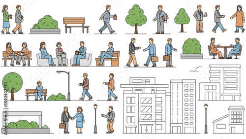 Urban Life Illustration Set: People and Cityscape Elements on Black