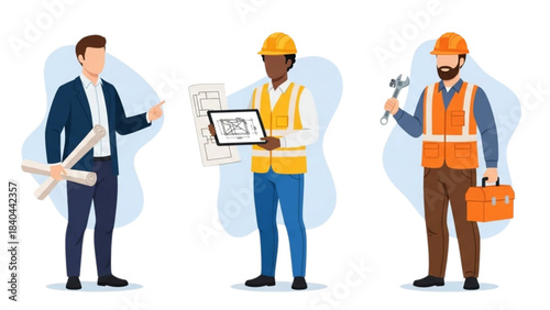 Construction professionals collaborating on blueprints and digital plans for industry projects