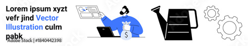Business strategy, investment planning, automation, workflow management, growth investment, and efficiency. A person holding money bag with a computer, watering can and gears. Business strategy