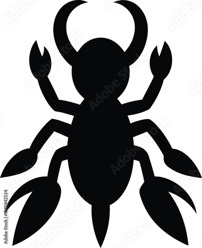 Black silhouette of a stylized insect with curved pincers and segmented tail abstract vector illustration EPS file download.

