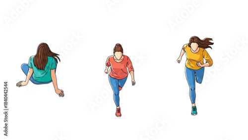 Illustrated Woman in a Sequence of Action Poses: Sitting and Running