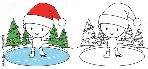 Cute cartoon boy in Santa hat ice skating near Christmas trees. Vector illustration coloring book page for kids with colored example and outline. Winter holiday activity scene.