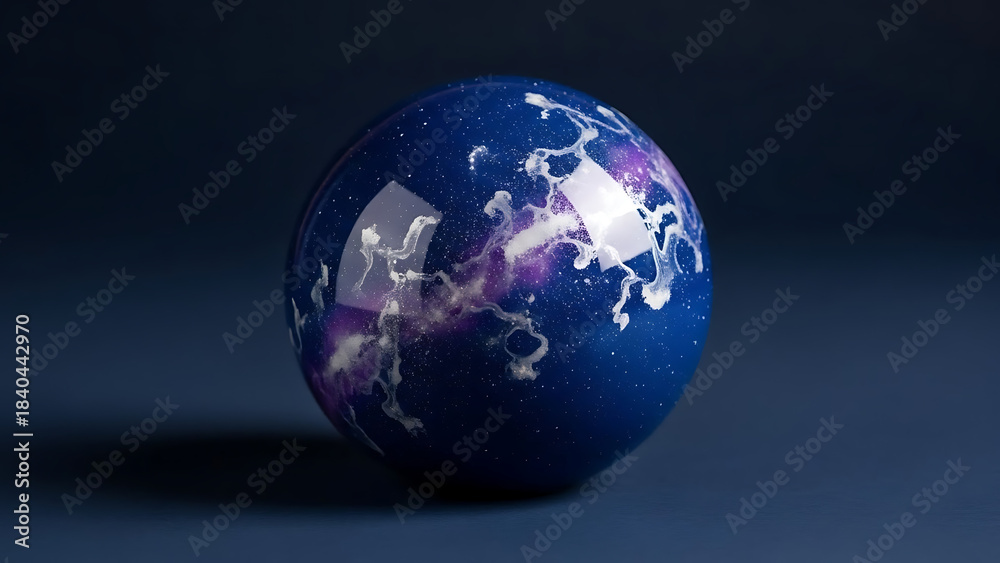 Fototapeta premium Cosmic Nebula Mirror Glaze Sphere Cake on a Solid Deep Space Blue Background