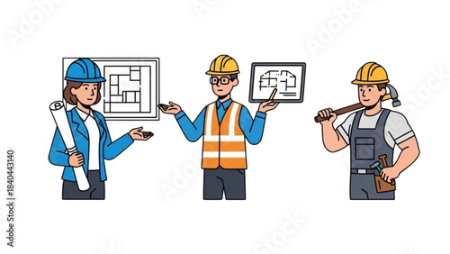 Illustration of Construction Professionals Teamwork with Two Plans