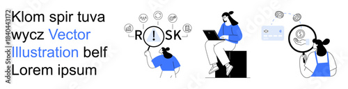 Risk management, decision-making, data analysis, business planning, cybersecurity, consulting. Woman analyzing icons with magnifier, another working on laptop. Risk management and decision-making