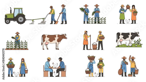 Set of Farming and Agriculture Illustrations 1 with Farmers and Livestock
