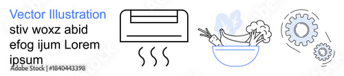 Climate control, healthy eating, technology, home environment, mechanical engineering, industrial processes. Air conditioner, bowl of fruits and gear symbols. Climate control and healthy eating