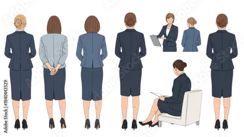 Set of Businesswoman Illustrations Showcasing Various Poses from the Back
