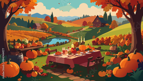 Village in the green mountain valley with rural houses, forest, meadow, and clouds in the autumn sky