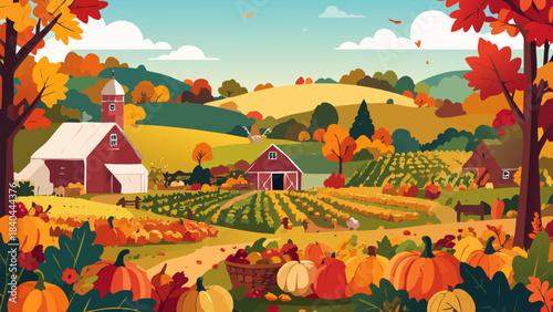 Village in the green mountain valley with rural houses, forest, meadow, and clouds in the autumn sky