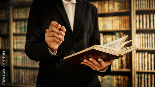 Professional woman reading open book inside library, information management, cataloging, knowledge organization, user guidance, literacy promotion, the expanding role of modern librarians in digital.
