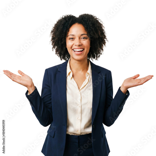Mixed race business woman open arms waist up isolated white background png transparent cutout female welcoming inviting gesture friendly hug reception corporate hospitality smile studio shot person
