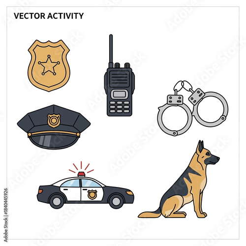 Vector illustration set of police activity items and equipment.