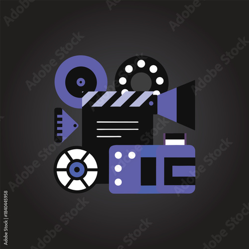 Abstract flat design illustration of filmmaking equipment including a clapperboard and camera