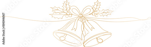Elegant gold line art of christmas bells with holly and ribbon on black background