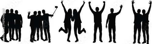 Group silhouette celebrating together, selfie pose, jumping, unity, joy, victory gesture, social interaction, expressive people illustration, flat vector