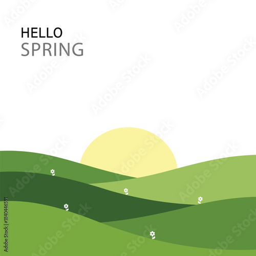 Hello spring text over rolling green hills with a rising sun and small white flowers