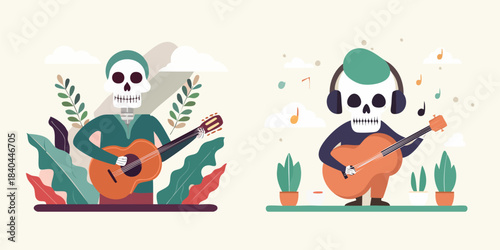 Charming skeletal musicians serenading with guitars in a whimsical setting