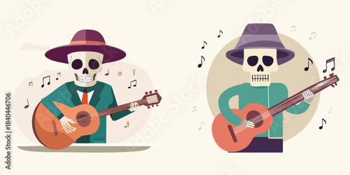 Two skeletal figures dressed in festive attire playing guitars, surrounded by musical notes, celebrating a vibrant cultural tradition