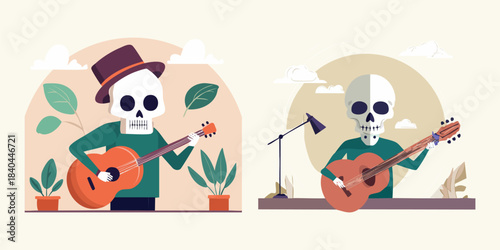 Two illustrative skeletons enjoying playing guitars, one wearing a hat and surrounded by plants, the other at a desk