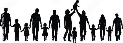 Family and community silhouettes holding hands, adults and children together, unity, bonding, social connection, diverse group illustration, flat vector