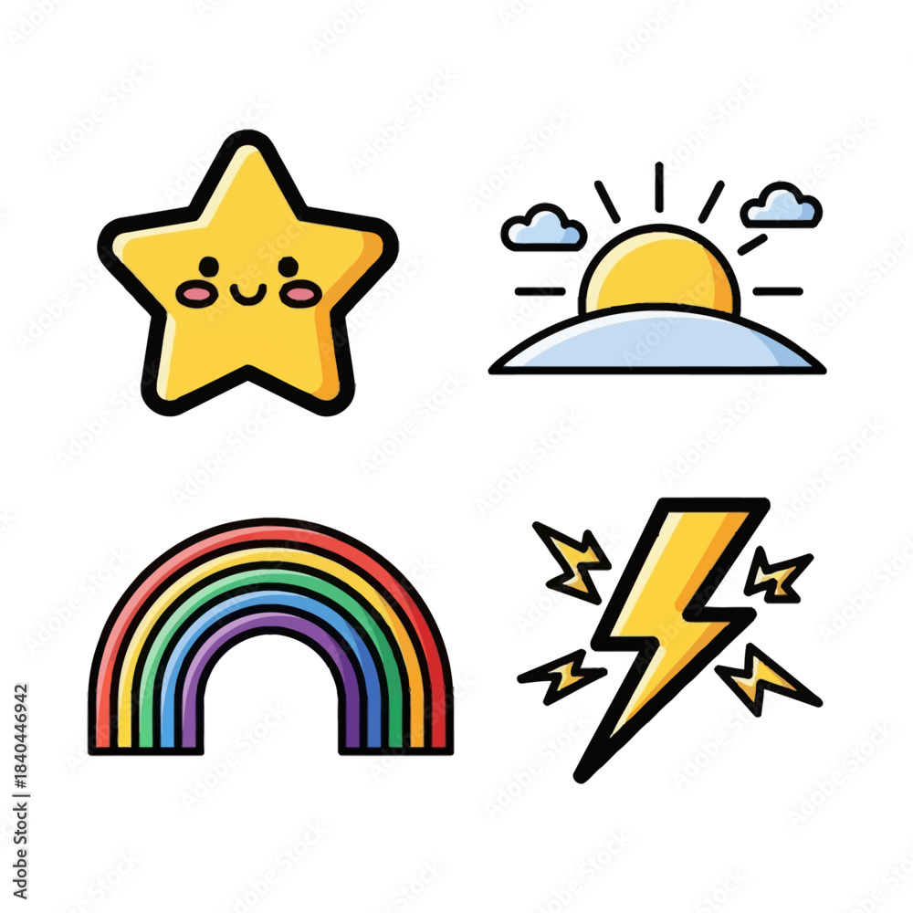 Obraz premium Cute cartoon weather and celestial icons including a smiling star, sunrise, rainbow, and lightning bolt.