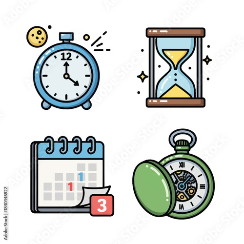 Four colorful icons representing various timekeeping devices and scheduling tools.
