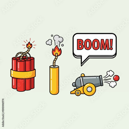 Cartoon illustration of various explosive items including dynamite, firecracker, cannon, and a 'BOOM!' speech bubble.