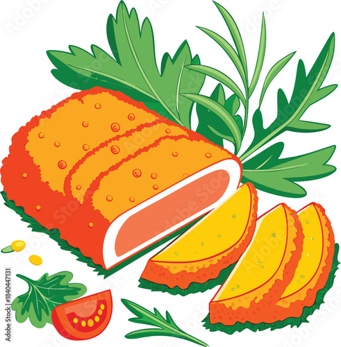 Breaded and sliced fried cheese with parsley and tomato slices