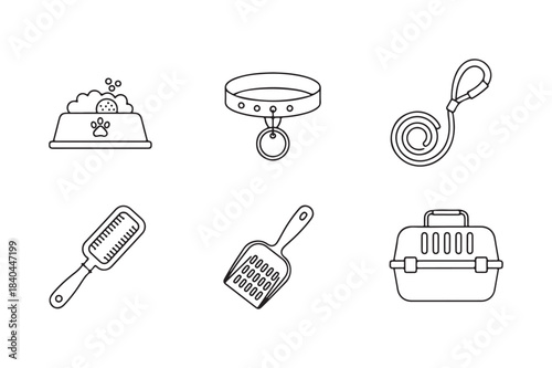 Collection of hand drawn pet care accessories and supplies