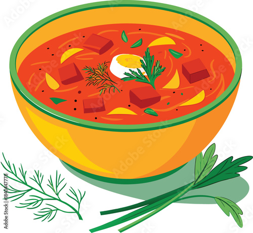 Brightly colored bowl of borsch soup with egg and fresh dill garnish