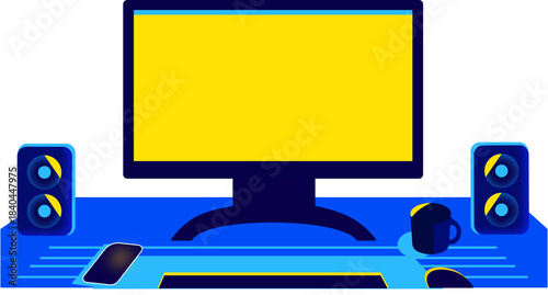 Futuristic Workstation Setup, Digital Productivity Desk Illustration, AI-Powered Workspace Icon, Tech Environment Symbol, computer monitor with mouse