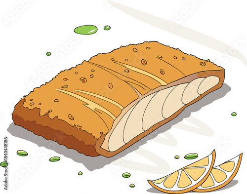 Delicious salmon fillet with lemon slices on