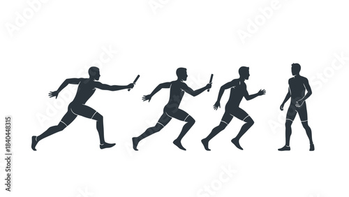 Athletes in Silhouette Passing Baton in Relay Race Four Stage Sequence