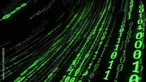 Streaming green binary code flowing like a digital rain representing advanced technology artificial intelligence and cybersecurity concepts on a dark background
