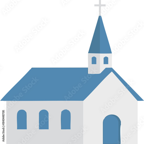 Simple flat vector icon of a Christian church building with a blue roof and cross.