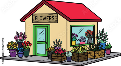 Cute cartoon flower shop building with colorful plants and pots. Vector illustration.