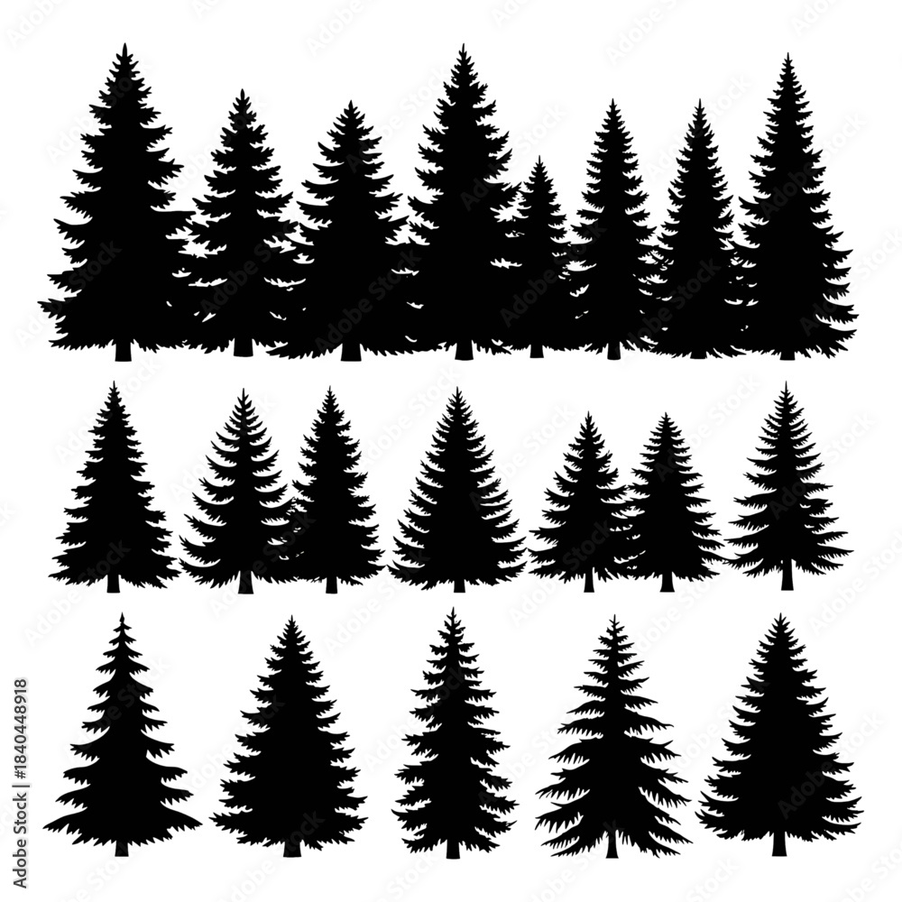 Obraz premium Pine tree silhouettes forest collection evergreen nature wood landscape graphic design template icon vector woodland flora