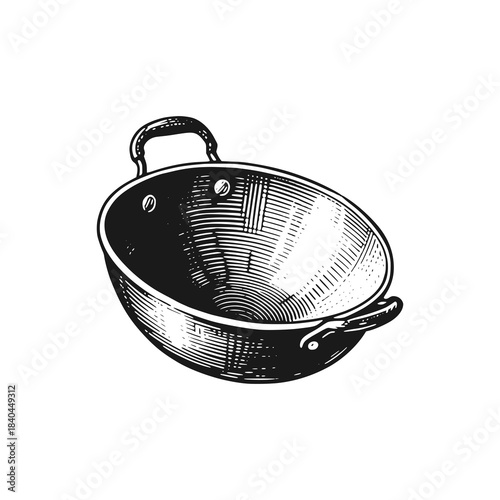 Frying pan. Black white vector illustration.