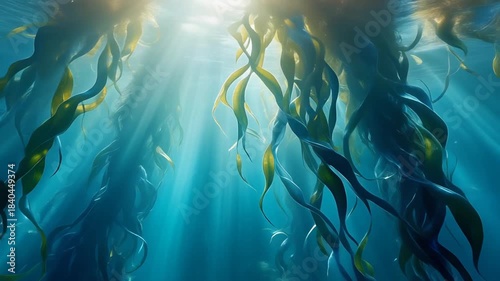 Vibrant underwater kelp forest illuminated by golden sun rays creating a serene and ethereal marine ecosystem scene