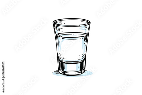 A simple hand drawn sketch of a tall clear glass filled with clear liquid on a white background