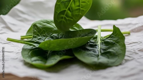 Close-up of fresh spinach leaves on a white cloth