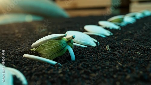 Close-up of green seedling sprouting in dark soil