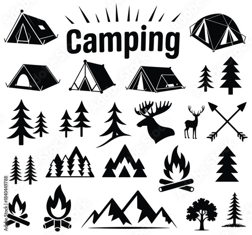 travel event camping vector logo template featuring tourist tent, forest, campfire, trees, vintage camp badges, labels, banners, and brochures for outdoor adventure projects.